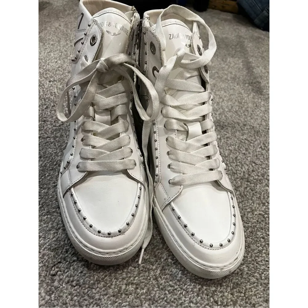 Zadig & Voltaire Women's White Leather Studded High Flash Sneakers Size 41 NWOT
